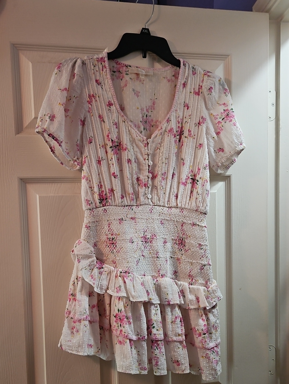 LoveShackFancy White Mini Dress with Pink and Yellow Floral Print
